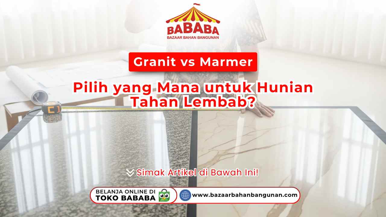 Seorang wanita menunjukkan shower di Bazaar Bahan Bangunan, dengan logo 'BABABA' dan tulisan 'Bazaar Bahan Bangunan Hadirkan Shower Favorit 2025'. Juga terdapat ajakan 'Simak Artikel di Bawah Ini!' dan informasi belanja online di Toko Bababa.