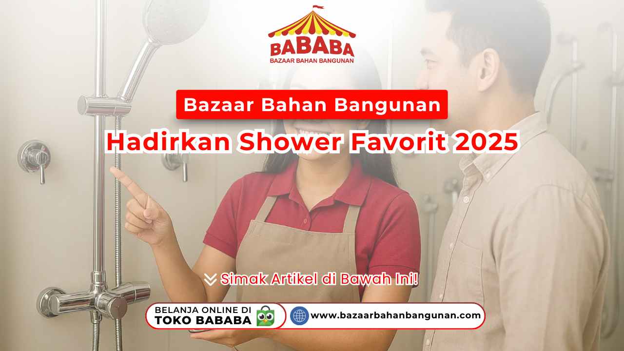 Seorang wanita menunjukkan shower di Bazaar Bahan Bangunan, dengan logo 'BABABA' dan tulisan 'Bazaar Bahan Bangunan Hadirkan Shower Favorit 2025'. Juga terdapat ajakan 'Simak Artikel di Bawah Ini!' dan informasi belanja online di Toko Bababa.