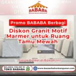 Tampilan depan toko BABABA dengan spanduk promo diskon granit motif marmer untuk ruang tamu mewah sebagai visual utama