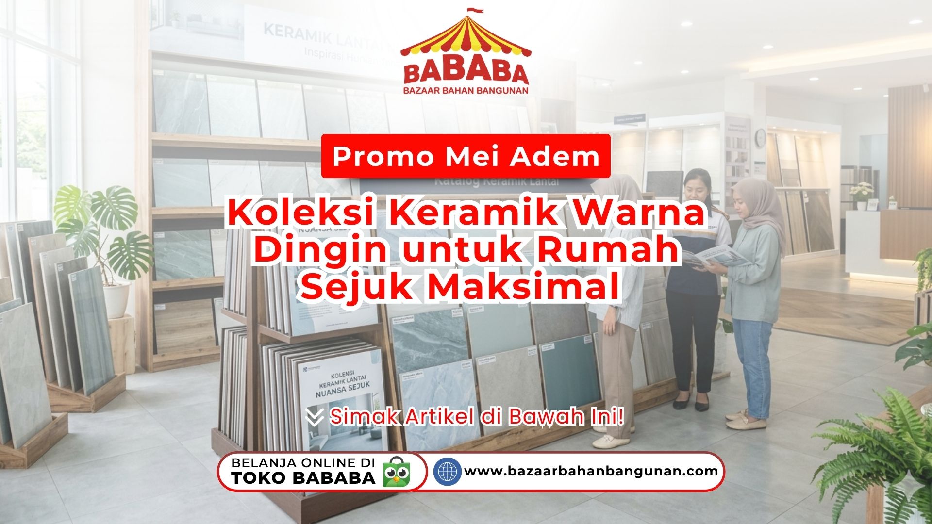 Staf menjelaskan Promo Mei Adem: Koleksi Keramik Warna Dingin untuk Rumah Sejuk Maksimal di showroom