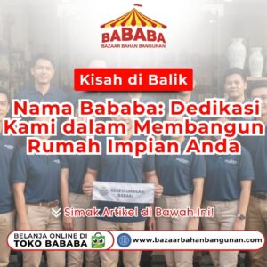 Seluruh tim Bazaar Bahan Bangunan menggunakan seragam biru sedang berfoto bersama di dalam toko yang penuh dengan pajangan kerajinan keramik