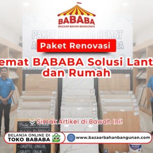 Empat orang staf pria berseragam biru berdiri di antara rak pajangan contoh lantai granit dan kayu di toko BABABA