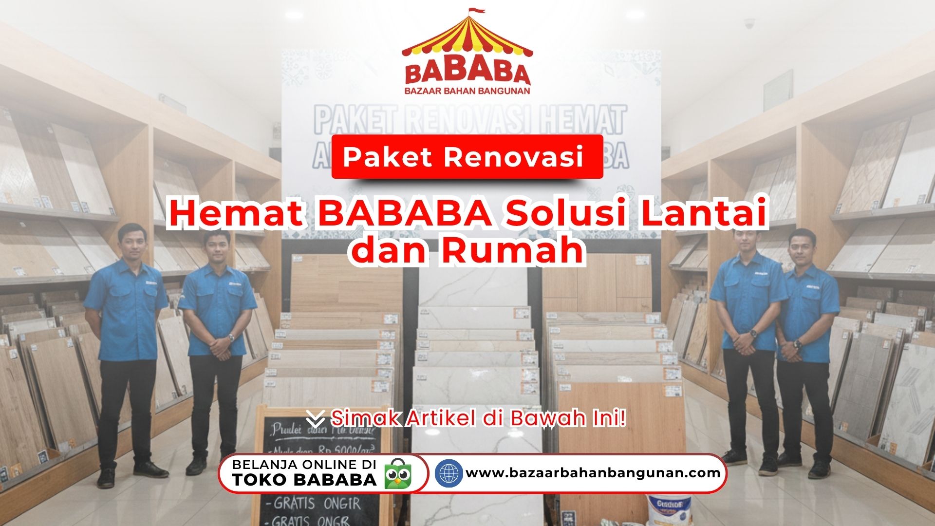 Empat orang staf pria berseragam biru berdiri di antara rak pajangan contoh lantai granit dan kayu di toko BABABA