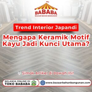 Tampilan lantai ruangan dengan keramik motif kayu yang dipasang menggunakan pola herringbone atau tulang ikan di sebuah showroom
