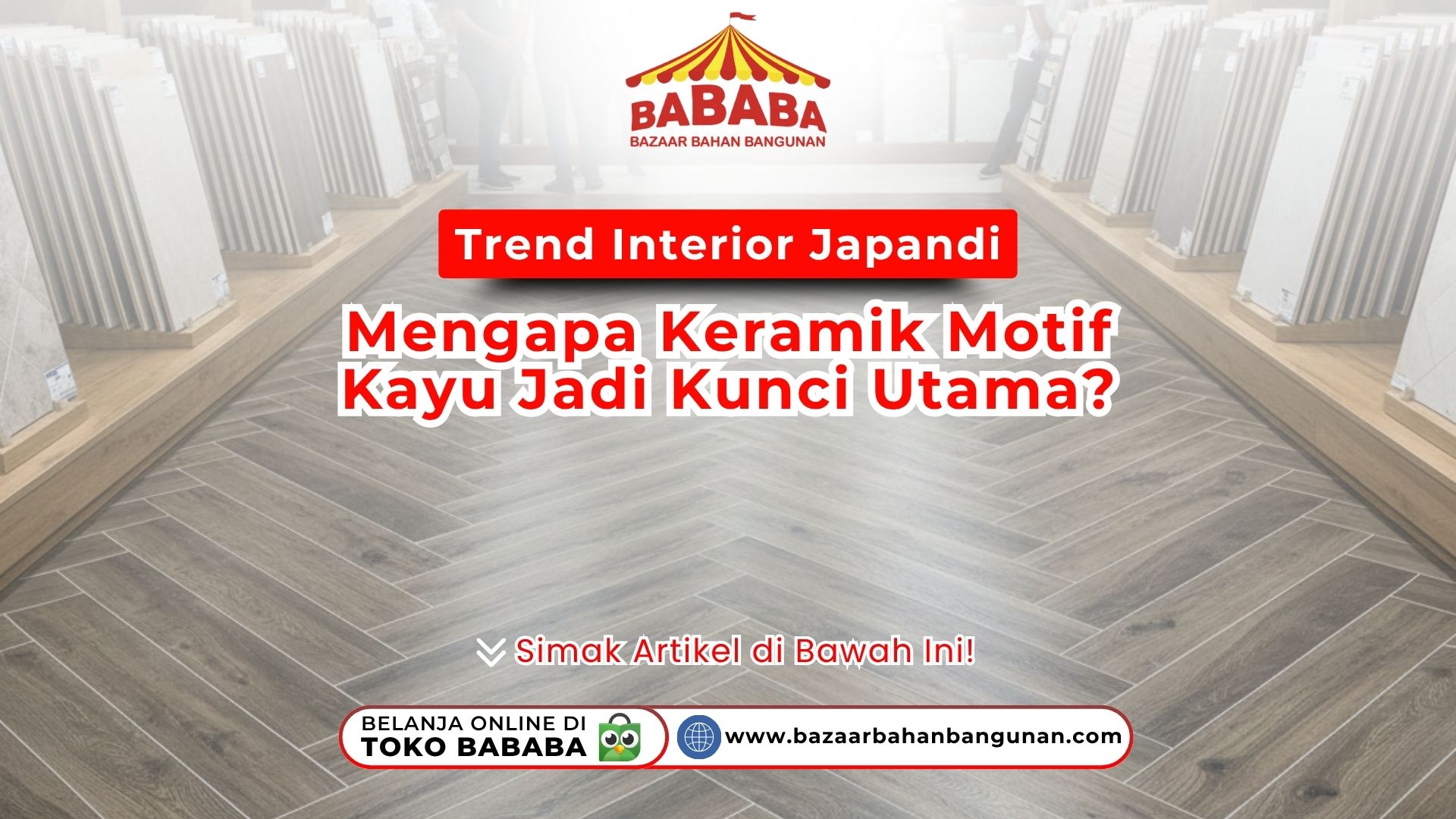 Tampilan lantai ruangan dengan keramik motif kayu yang dipasang menggunakan pola herringbone atau tulang ikan di sebuah showroom