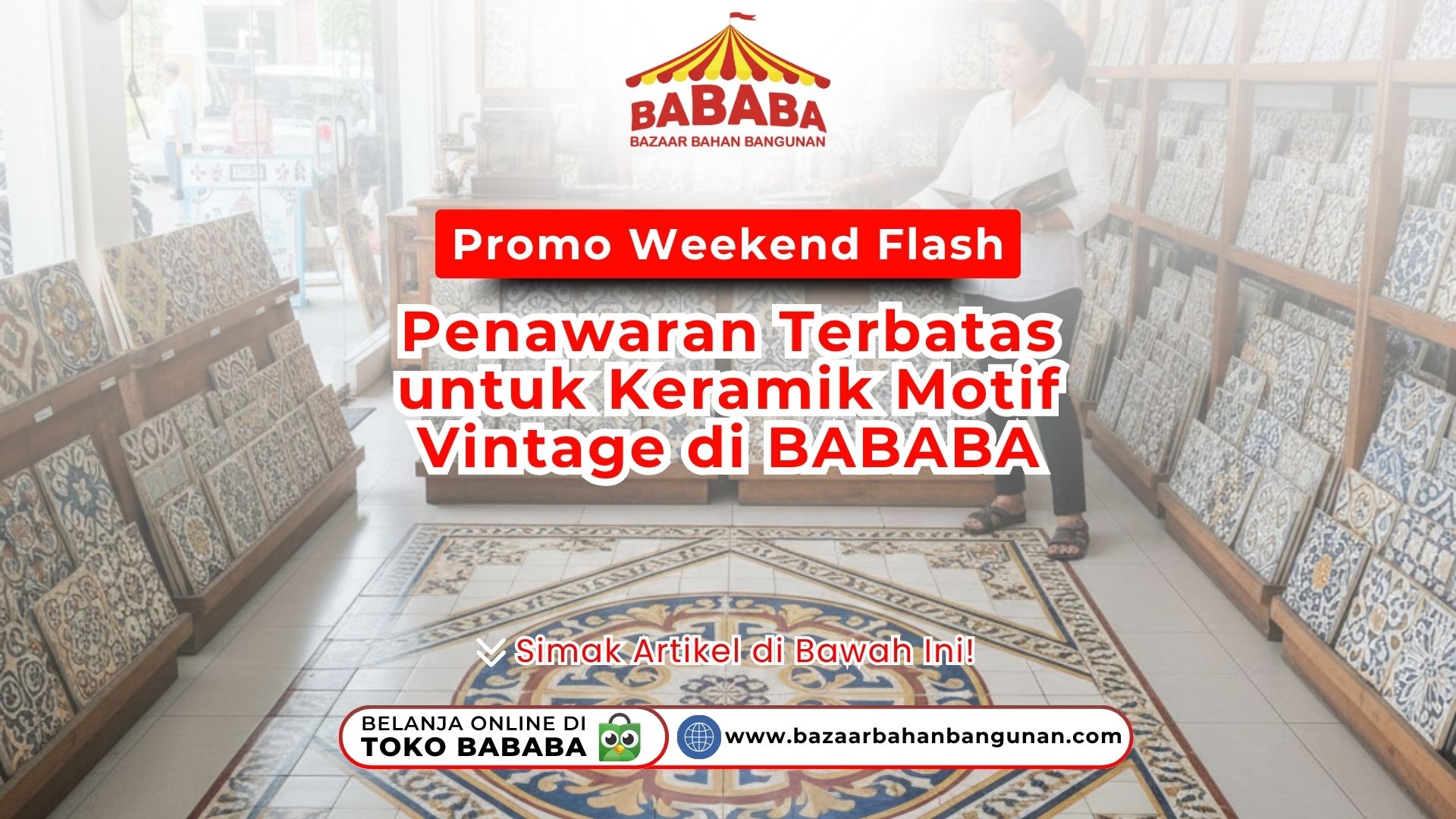 Area pajang di toko BABABA yang menampilkan berbagai pilihan keramik motif vintage warna-warni dan pola dekoratif di rak kayu