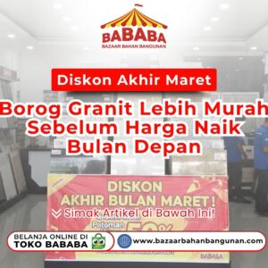 Suasana ruang pameran granit BABABA dengan berbagai pilihan motif lantai yang sedang mendapat diskon besar