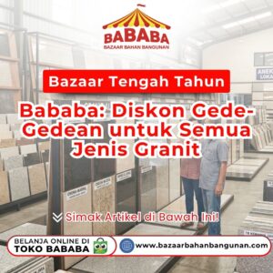 Sepasang konsumen pria dan wanita sedang memilih sampel ubin lantai pada acara Bazaar Tengah Tahun Granit murah di dalam showroom Toko Bababa