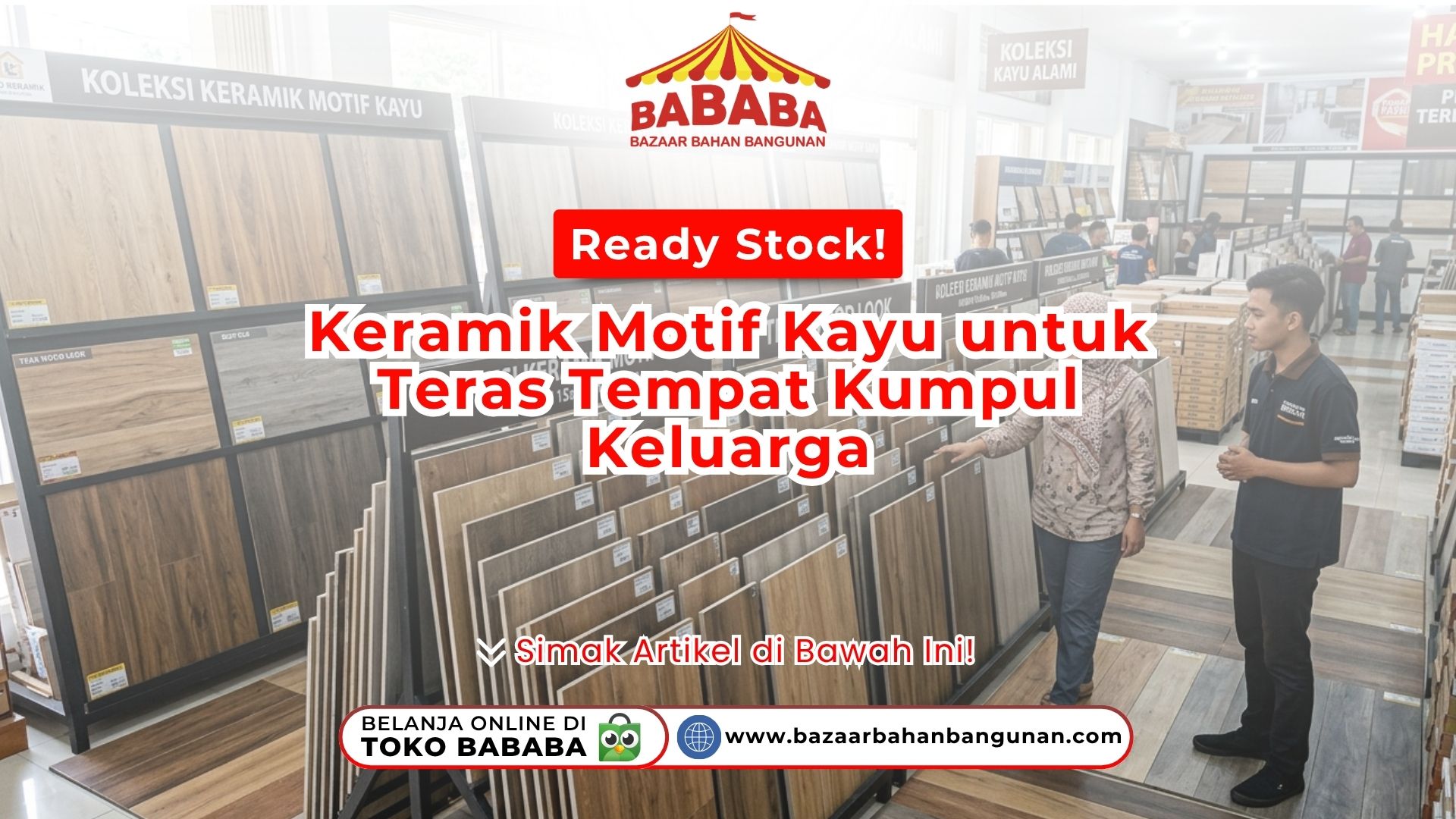 Suasana ruang santai outdoor yang memakai lantai penutup Keramik Motif Kayu Teras warna cokelat hangat dari Toko Bababa