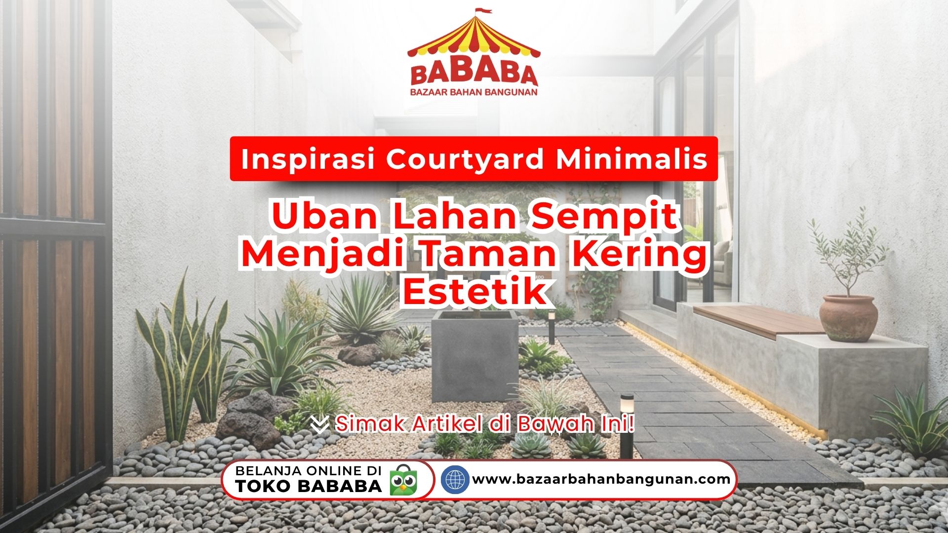Desain penataan lantai luar ruangan bergaya Inspirasi Courtyard Minimalis Estetik memakai batu koral putih dari Toko Bababa