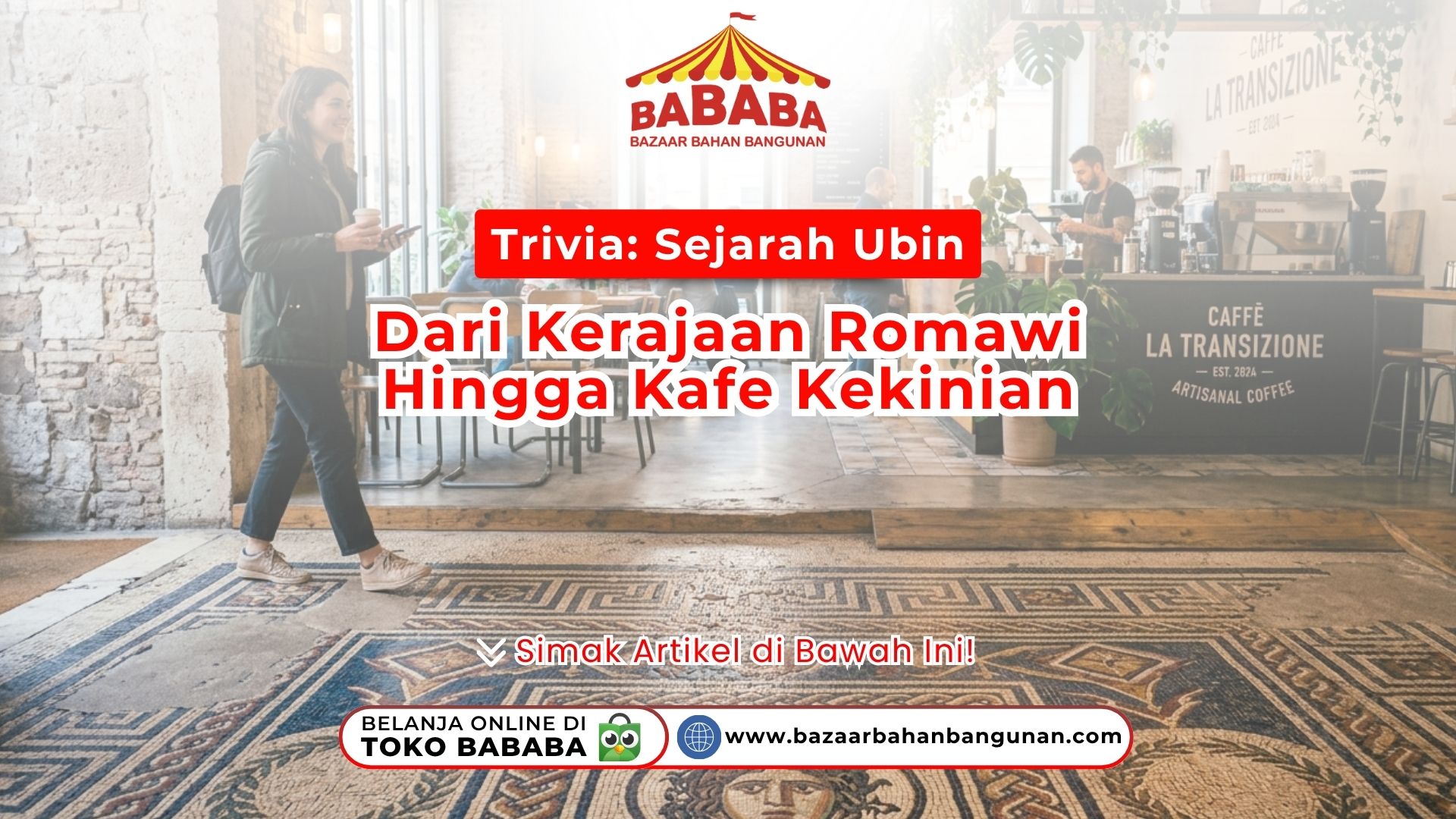 Seorang wanita berjalan melintasi area lantai bermotif kuno pada display Trivia Sejarah Ubin Romawi di Toko Bazaar Bahan Bangunan Bababa