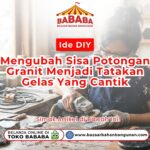 Seorang wanita memakai kacamata memotong ubin pada artikel Ide DIY Tatakan Granit cantk di workshop Toko Bazaar Bahan Bangunan Bababa