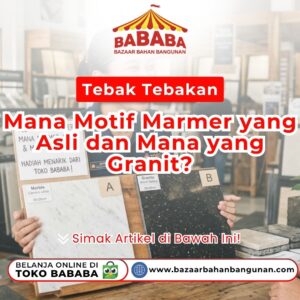 Seorang sales wanita menunjukkan dua sampel ubin kuis Tebak Motif Marmer Granit pilihan A dan B kepada konsumen pria di Toko Bababa