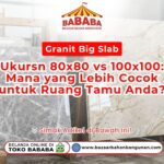 Seorang staf wanita mencatat spesifikasi contoh ubin besar pada display Granit Big Slab Ukuran bervariasi di dalam gudang Toko Bababa