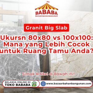Seorang staf wanita mencatat spesifikasi contoh ubin besar pada display Granit Big Slab Ukuran bervariasi di dalam gudang Toko Bababa