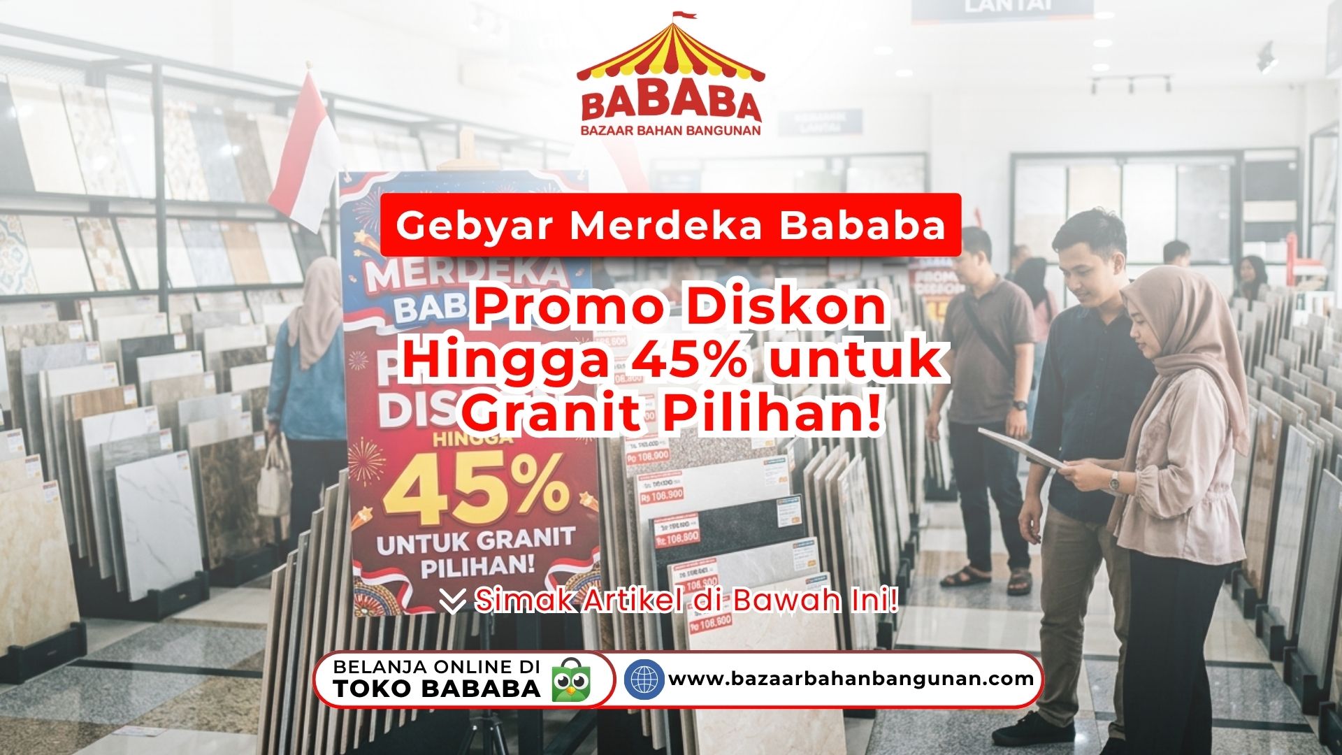 Pengunjung memilih ubin granit promo pada artikel Gebyar Merdeka Bababa Promo Toko Bazaar Bahan Bangunan Bababa